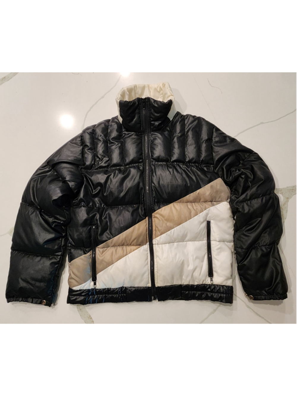Vintage 80s Chess King Puffer Jacket M Black White Tan Colorblock Ski Coat